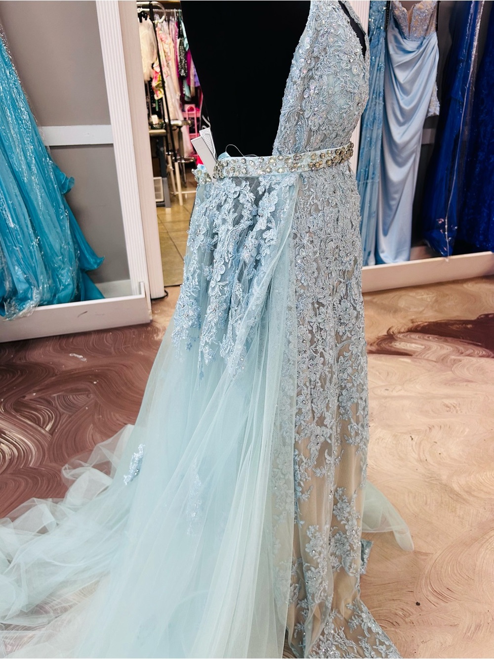 Jovani Light Blue Lace Halter Gown - Picture 4 of 7